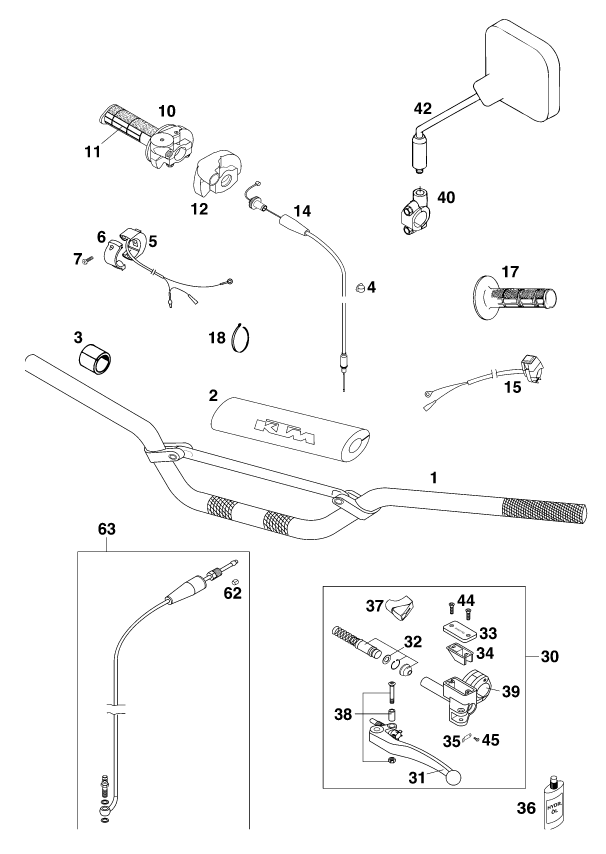 vue éclatée guidon, armatures - ktm 200 exc eu 2000