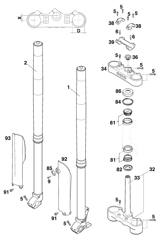 vue éclatée fourche téléscopique, té de fourche - ktm 200 exc eu 2000