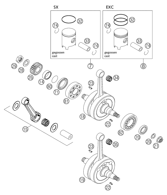 vue éclatée vilebrequin, piston - ktm 200 exc eu 2004