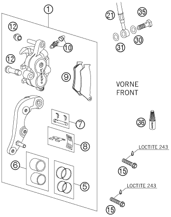 vue éclatée étrier de frein avant - ktm 200 exc eu 2005