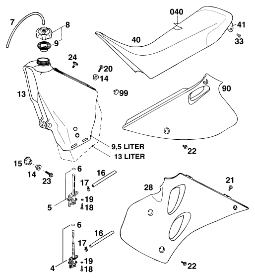 vue éclatée réservoir, selle - ktm 300 e-gs wp fr 1995
