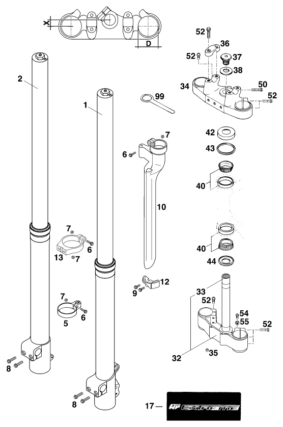 vue éclatée fourche téléscopique, té de fourche - ktm 300 egs 10kw '99 eu 1999