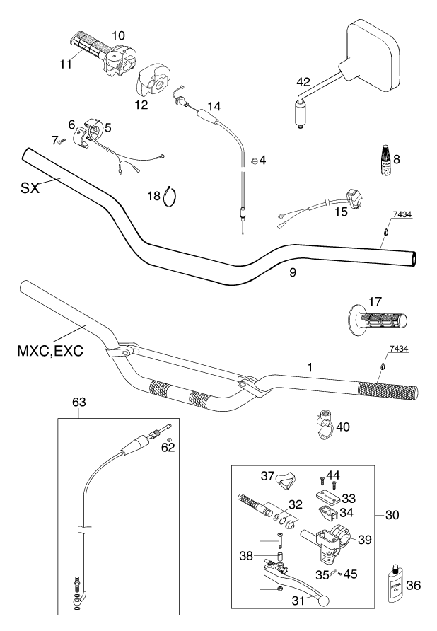 vue éclatée guidon, armatures - ktm 200 exc au 2001