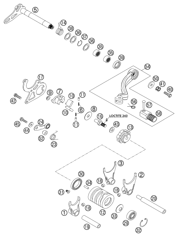 vue éclatée mécanisme de sélection - ktm 200 exc au 2002