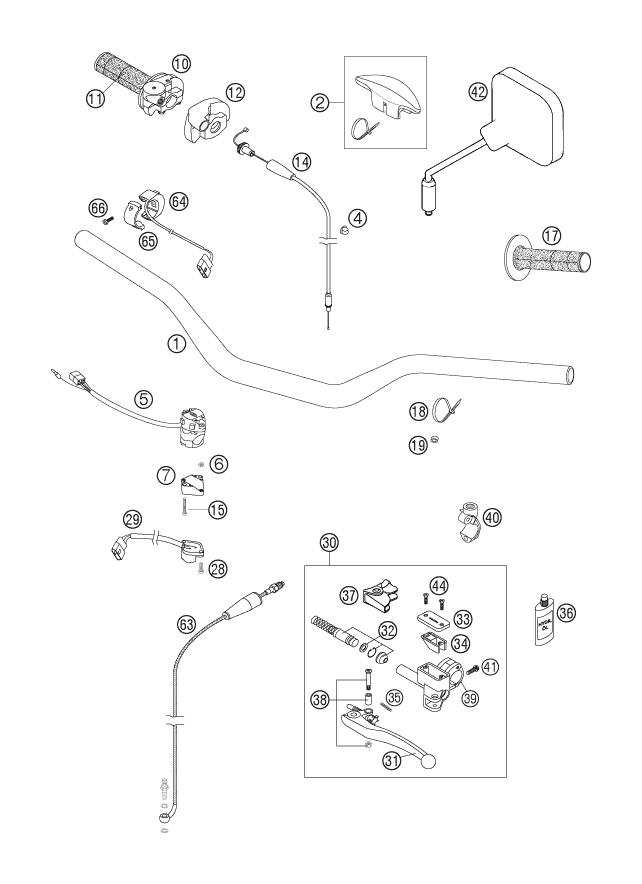vue éclatée guidon, armatures - ktm 200 exc au 2007