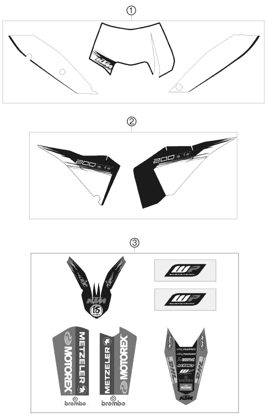 vue éclatée kit déco - ktm 200 exc au 2010