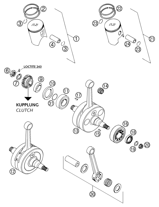vue éclatée vilebrequin, piston - ktm 250 exc eu 2002