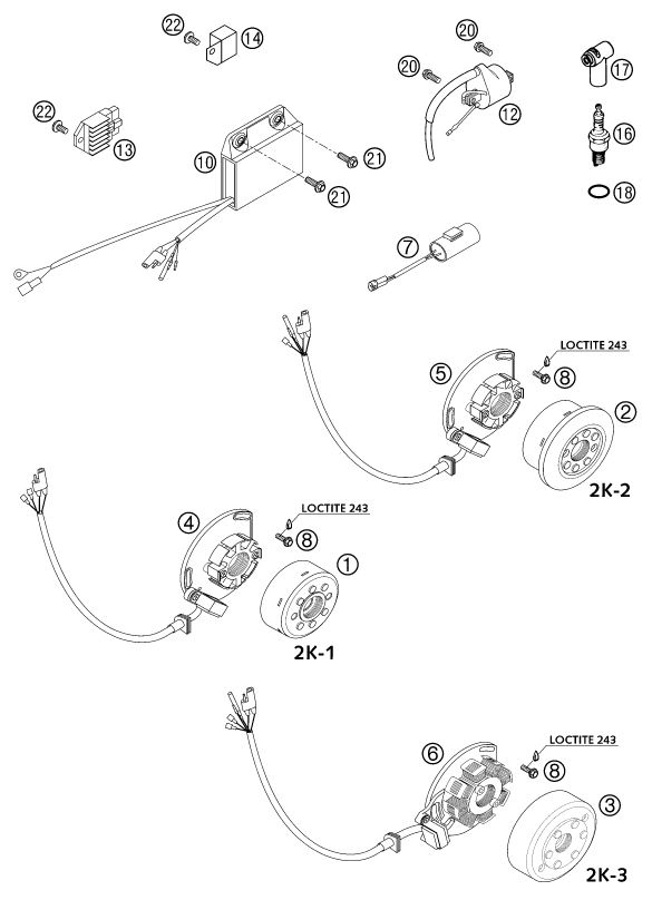 vue éclatée système de allumage - ktm 250 exc eu 2002