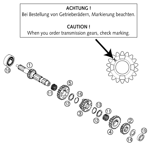 vue éclatée boîte de vitesse i - arbre primaire - ktm 250 exc eu 2003