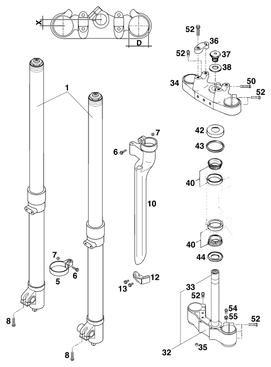 vue éclatée fourche téléscopique, té de fourche - ktm 250 exc m/ö eu 1997