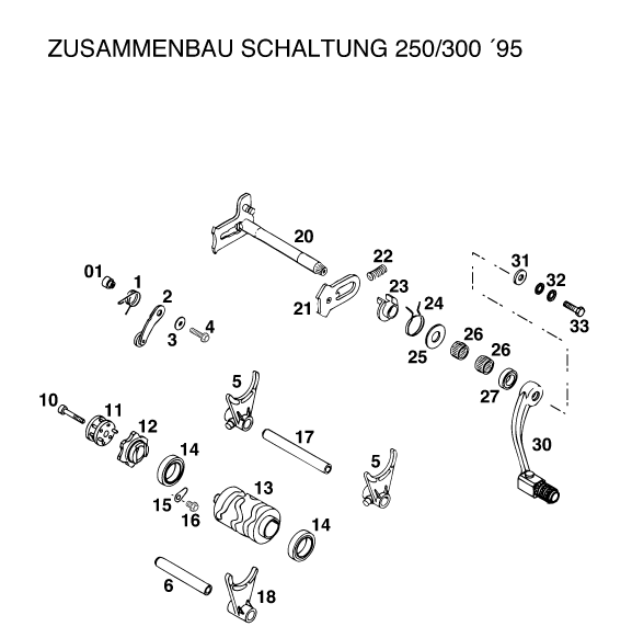 vue éclatée mécanisme de sélection - ktm 250 exc m/ö eu 1997