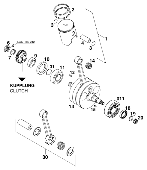 vue éclatée vilebrequin, piston - ktm 250 exc m/ö eu 1997