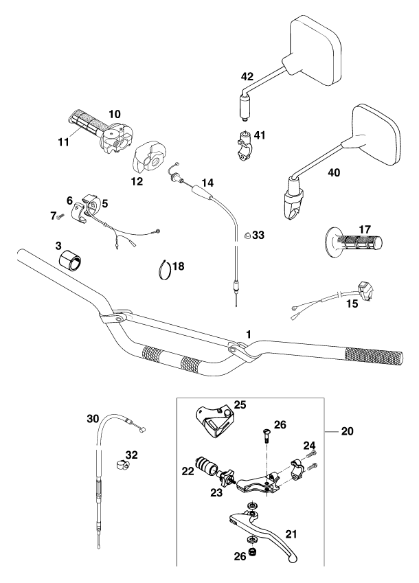 vue éclatée guidon, armatures - ktm 250 exc '98 eu 1998