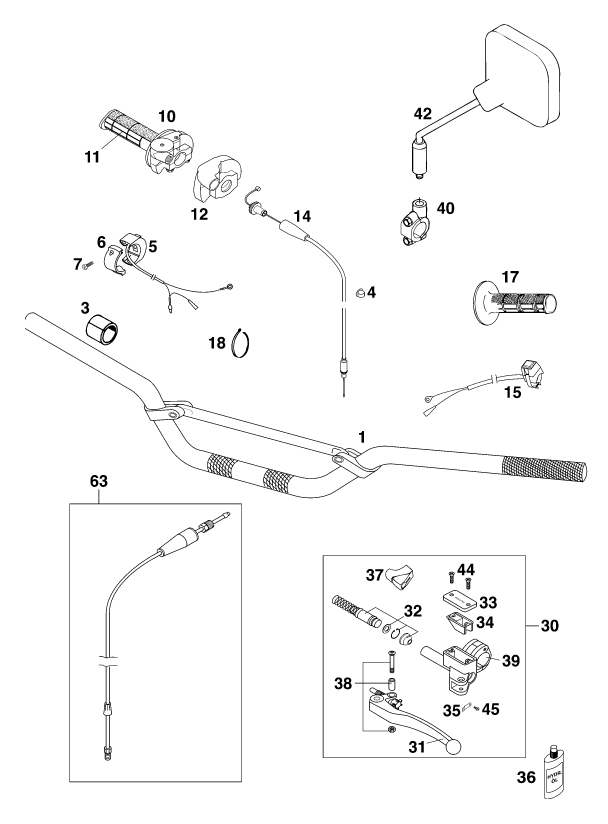 vue éclatée guidon, armatures - ktm 250 exc '99 eu 1999