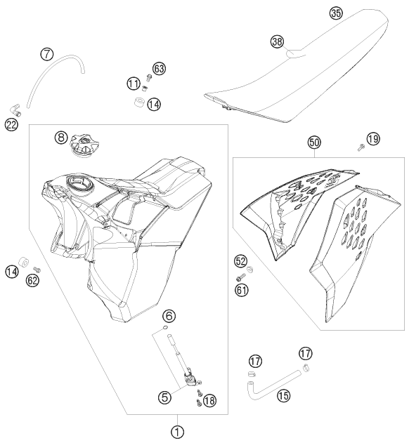 vue éclatée réservoir, selle - ktm 200 xc-w za 2008