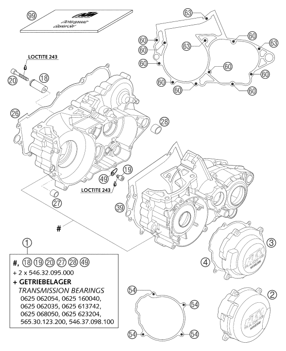 vue éclatée carter moteur - ktm 250 exc six-days eu 2004