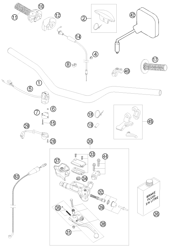 vue éclatée guidon, armatures - ktm 250 exc eu 2008