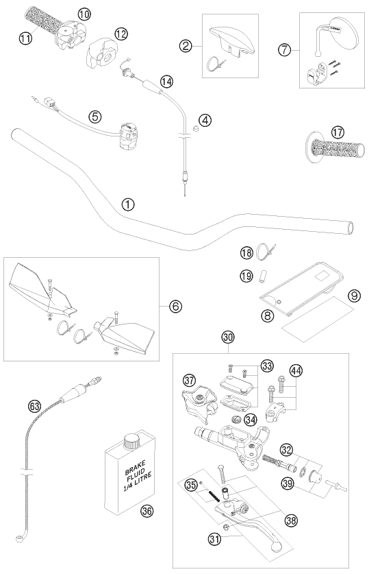 vue éclatée guidon, armatures - ktm 250 exc six-days eu 2008