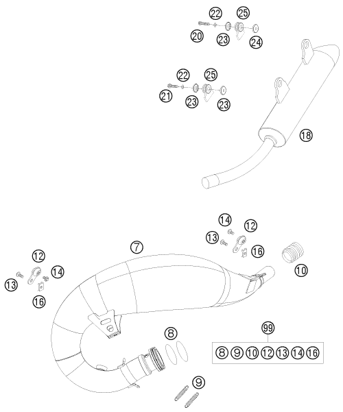 vue éclatée système d'echappement - ktm 250 exc six-days eu 2008