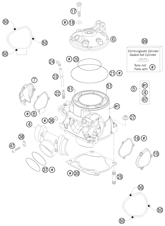vue éclatée cylindre, culasse - ktm 250 exc eu 2009