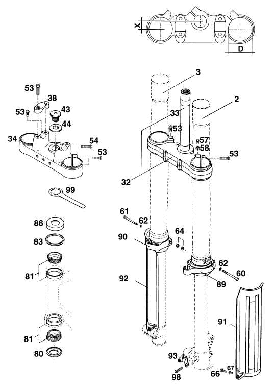 vue éclatée fourche téléscopique, té de fourche - ktm 250 egs m/ö 12kw eu 1994