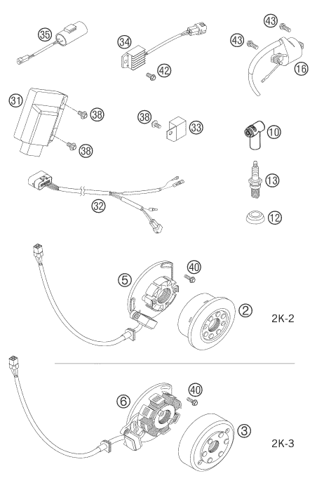vue éclatée système de allumage - ktm 250 exc au 2005