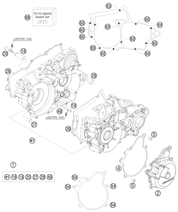 vue éclatée carter moteur - ktm 250 exc au 2008