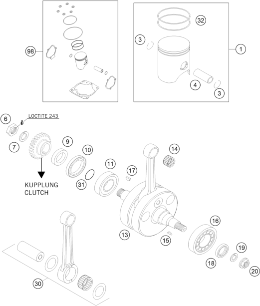 vue éclatée vilebrequin, piston - ktm 300 xc-w za 2009