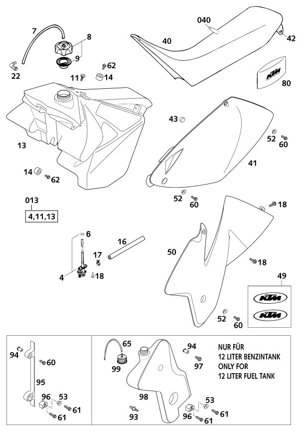 vue éclatée réservoir, selle - ktm 300 exc six-days eu 2001