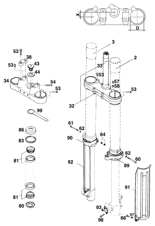vue éclatée fourche téléscopique, té de fourche - ktm 300 e-xc wp eu 1995