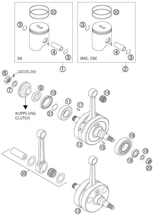vue éclatée vilebrequin, piston - ktm 300 exc eu 2005