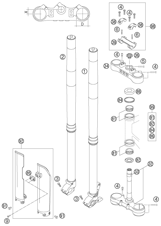 vue éclatée fourche téléscopique, té de fourche - ktm 300 exc eu 2006