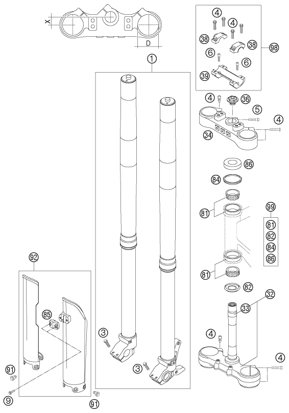 vue éclatée fourche téléscopique, té de fourche - ktm 300 exc eu 2007