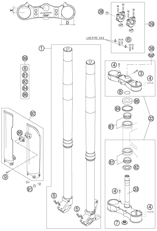vue éclatée fourche téléscopique, té de fourche - ktm 300 exc six-days eu 2007
