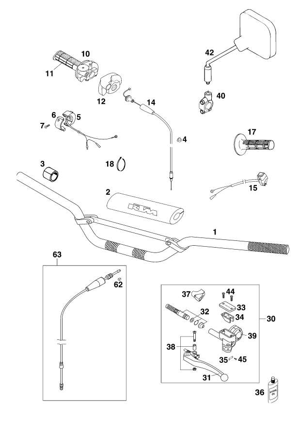 vue éclatée guidon, armatures - ktm 380 exc eu 2000