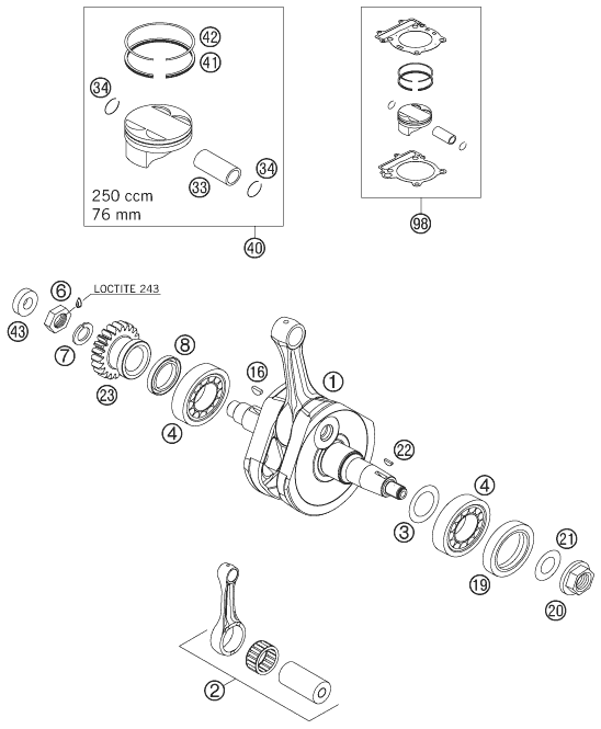 vue éclatée vilebrequin, piston - ktm 250 exc-f eu 2007