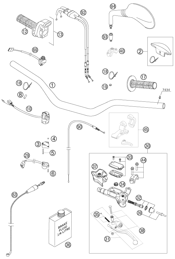 vue éclatée guidon, armatures - ktm 250 exc-f eu 2008