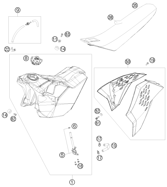 vue éclatée réservoir, selle - ktm 250 exc-f six days eu 2010