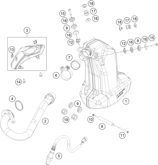 vue éclatée système d'echappement - ktm 125 duke de 2011