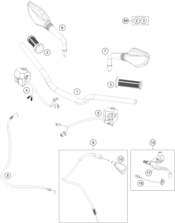 vue éclatée guidon, armatures - ktm 200 duke orange eu 2012