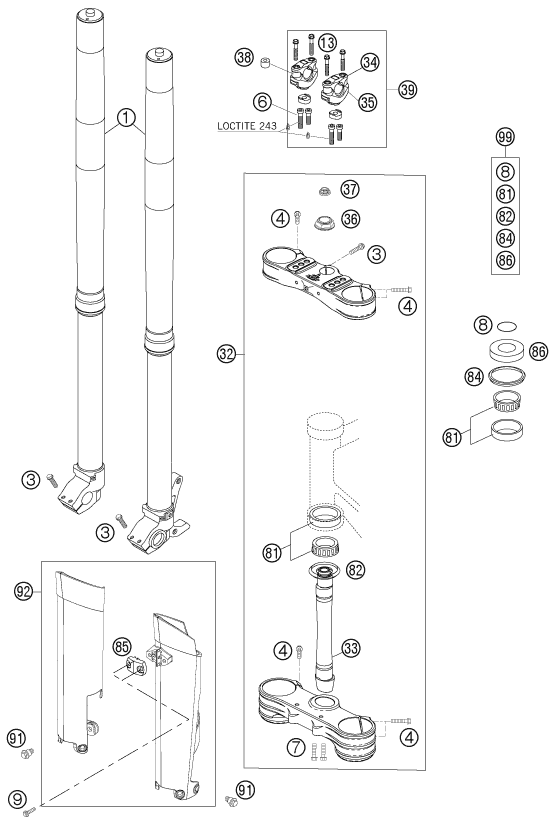 vue éclatée fourche téléscopique, té de fourche - ktm 250 sxs-f eu 2007