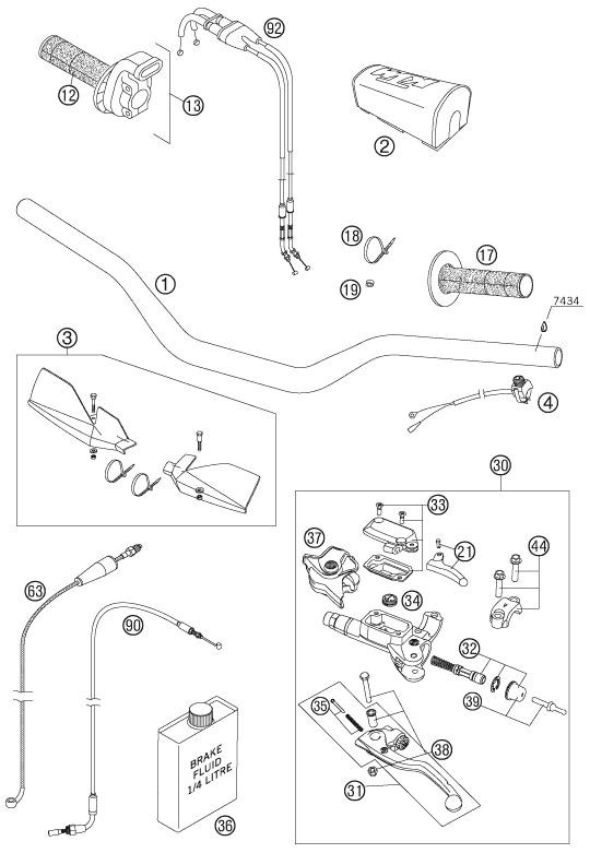 vue éclatée guidon, armatures - ktm 250 sxs-f eu 2007