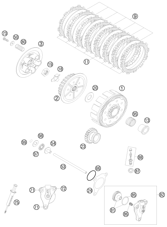 vue éclatée embrayage - ktm 250 sxs-f eu 2008