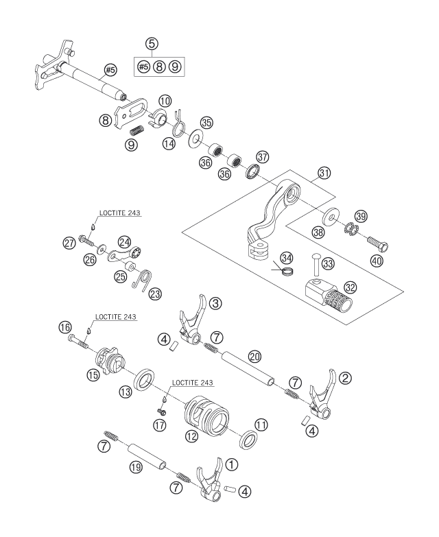 vue éclatée mécanisme de sélection - ktm 250 sx-f eu 2005
