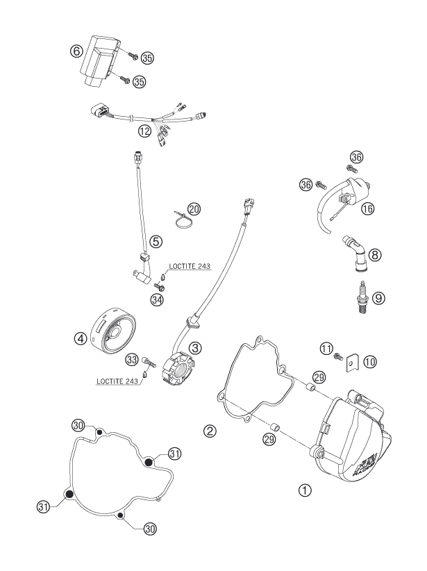 vue éclatée système de allumage - ktm 250 sx-f eu 2005