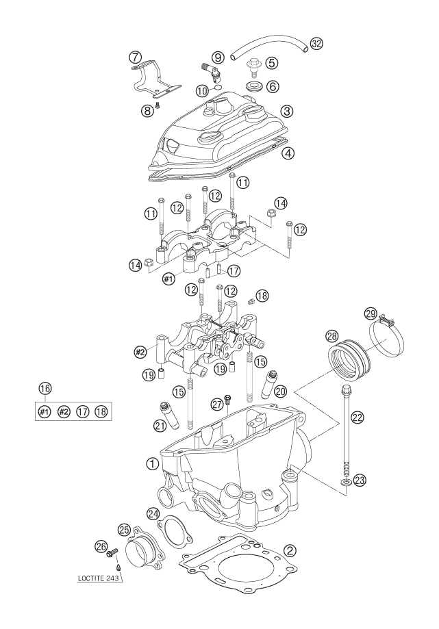 vue éclatée cylindre, culasse - ktm 250 sx-f eu 2007