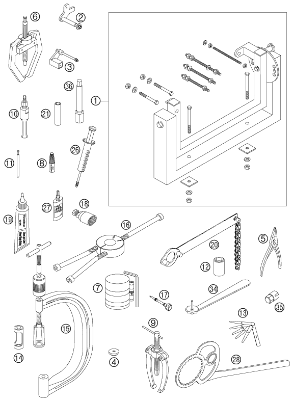 vue éclatée outils spéciaux moteur - ktm 250 sx-f eu 2007