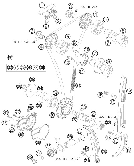 vue éclatée commande de distribution - ktm 250 sx-f eu 2009