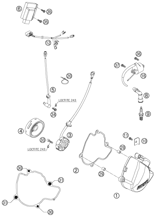 vue éclatée système de allumage - ktm 250 sx-f eu 2009