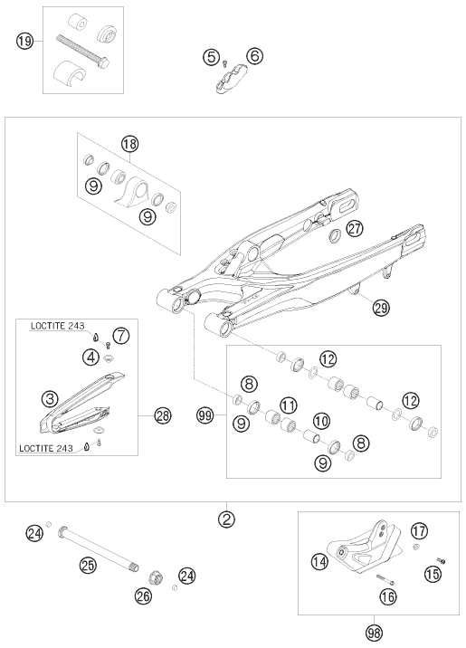 vue éclatée bras oscillant - ktm 250 sx-f eu 2010